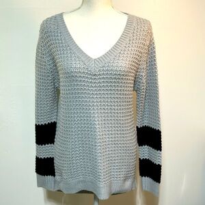 Rue21 Grey and Double Black Stripe Sleeves Women’s Oversized Small Vneck Sweater
